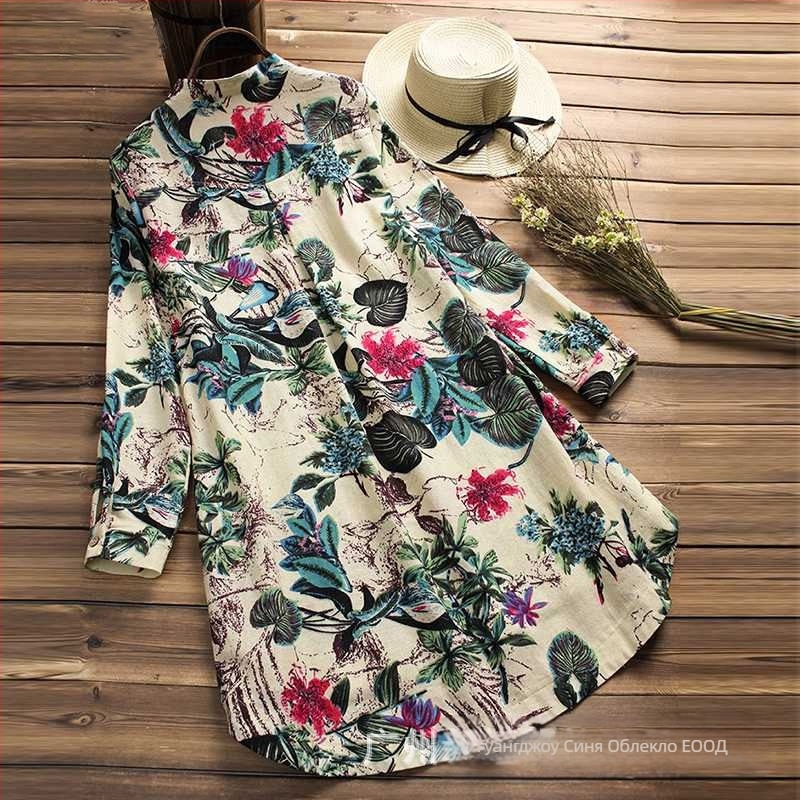 Ленено-памучна риза с принтом, яка-стойка, 3/4 ръкави, свободна кройка