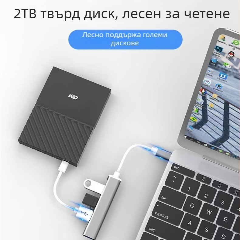 USB-C 4-портов USB 3.0 хъб за лаптоп, докинг станция, алуминиев корпус, без външно захранване