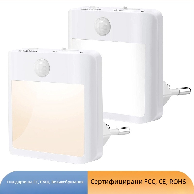 Нощна лампа с PIR детектор, захранвана от контакт, LED 0.8W, обхват 5–8 м, модел NL001, PC корпус