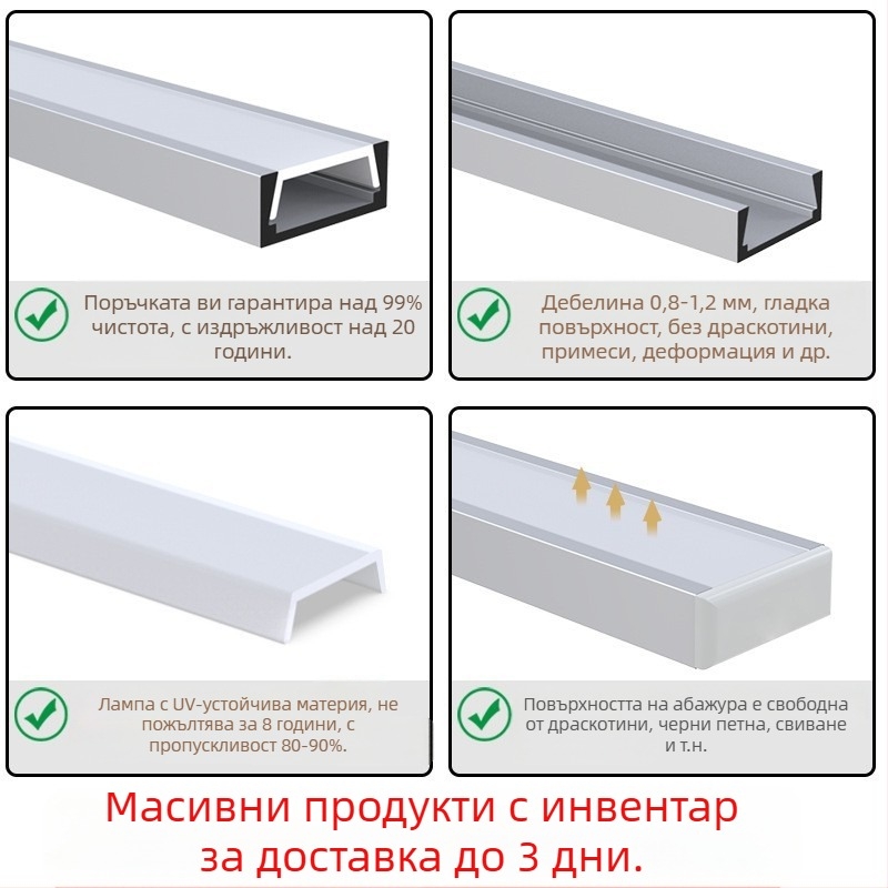 LED лента светлина, У-образен дизайн с открит монтаж, твърд корпус за LED лента, модел L054, алуминиева сплав + пластмасов абажур, повърхност оксидация, за вътрешно осветление