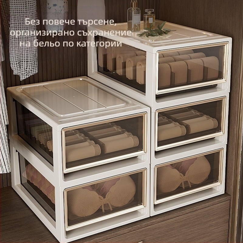 Кутия за бельо с чекмеджe — 3-в-1 организатор за сутиени, бельо и чорапи; PP пластмаса, прахозащита; тегло 0,95–3,01 кг; марка Flying Cat.