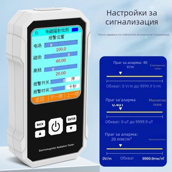 Тестер за електромагнитно лъчение | Модел YJ-VTER2; Електрично поле 1–1999 V/m; Магнитно поле 0.01–19.99 μT; Обекти за измерване: микровълнова печка, мобилен телефон, компютър; Точност 0.1