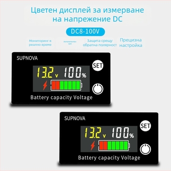 LCD волтметър за електрически мотоциклет 8–100V, дисплей, индикатор за напрежение, съвместим с оловно-кисели и литиеви батерии
