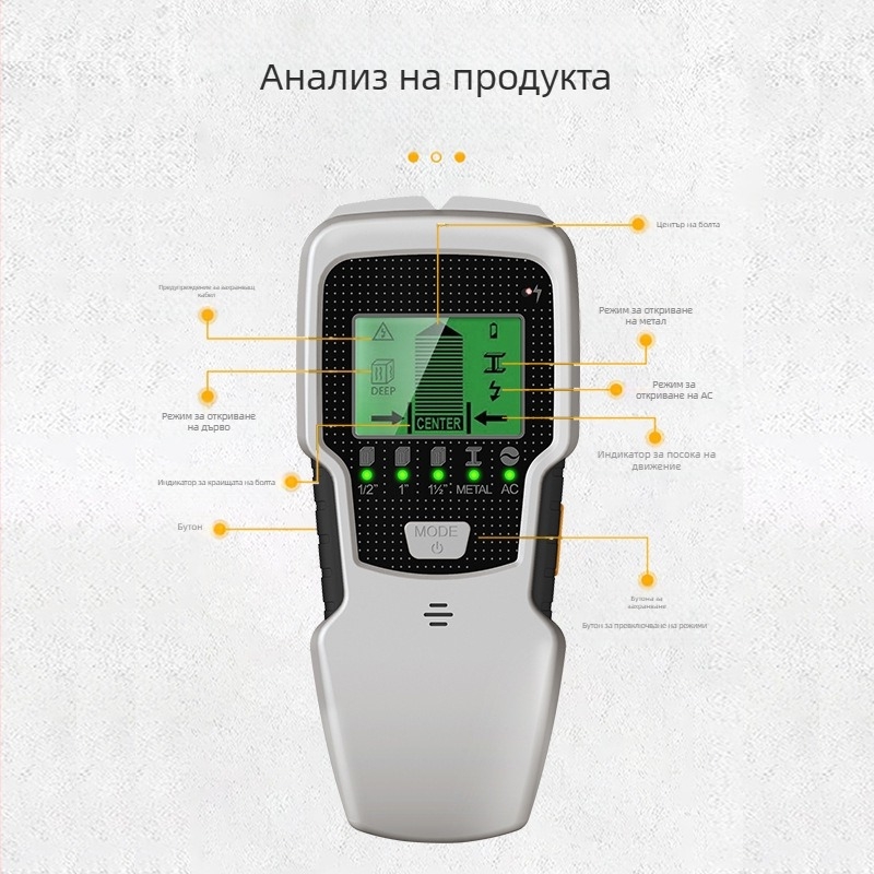 SH501 ръчен детектор за стени с 5-в-1 функция; измерване 12,7–60 мм; размер на сонда 60 мм; аларма Roar