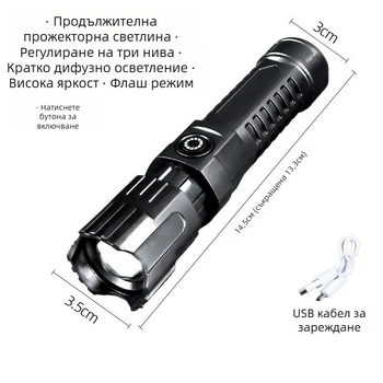 Презареждащ LED фенер с зум лъч, 1200mAh батерия, USB зареждане, 360° въртене, обхват над 500 м