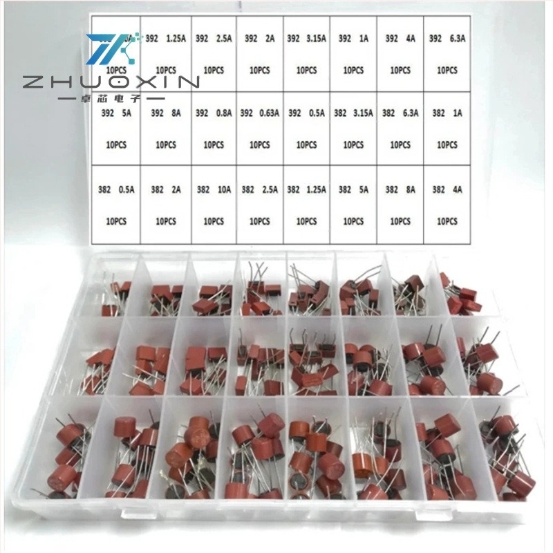 Тръбни предпазители, 240 бр., 250V, медленнозадействащи, 0,5A–10A, 24 типа по 10 бр.