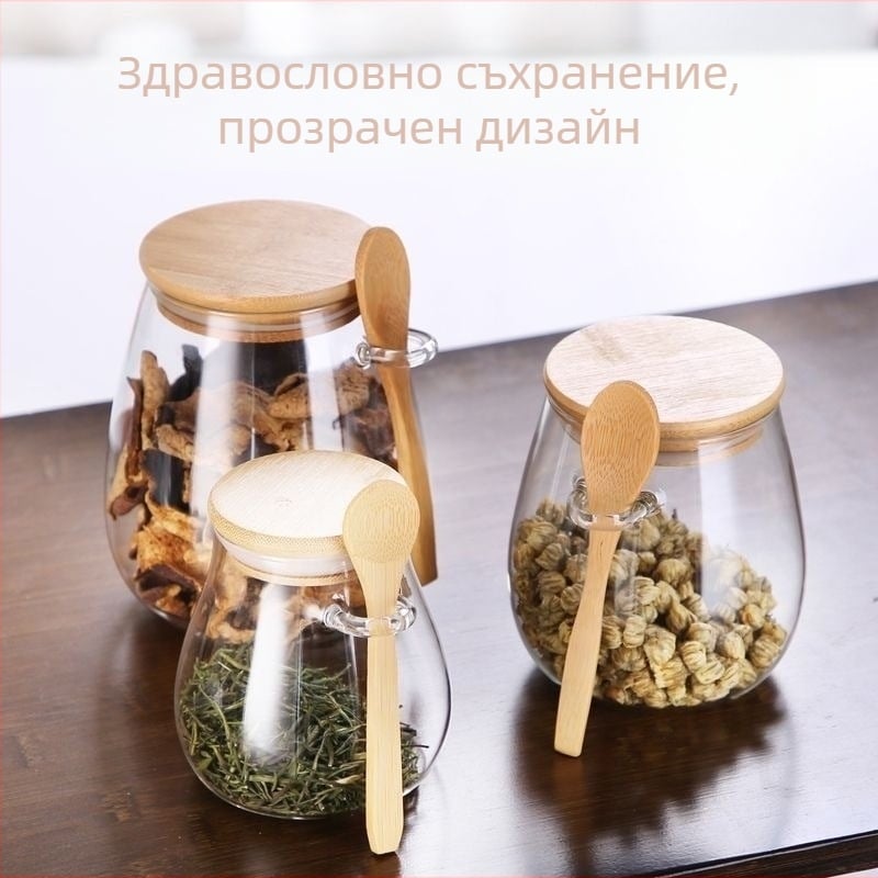 Стъклен герметичен буркан с капак от бамбук и дървена лъжичка, прозрачен контейнер за чай, закуски и твърди подправки