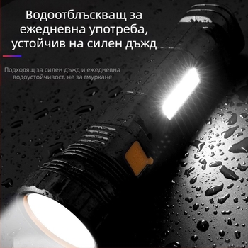 Соларно ръчно фенерче със странична светлина – 15W LED, 1000mAh литиева батерия, 90° лъч, обхват 100–300 м, време за зареждане 3 ч.
