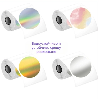 Триустойчив самозалепващ термо-синтетичен етикет; Форма: квадрат или правоъгълник; Лепило: водно; Дългосрочна температурна устойчивост: 80°C; Дебелина: 0,08 мм