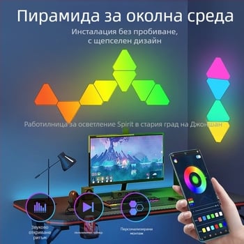 Триъгълен квантов атмосферен светлинен панел за игри — управление чрез приложение, USB 5V захранване, монтаж на стена чрез вакуумно закрепване, изтриване на околен светлинен ефект, поддръжка за персонализация