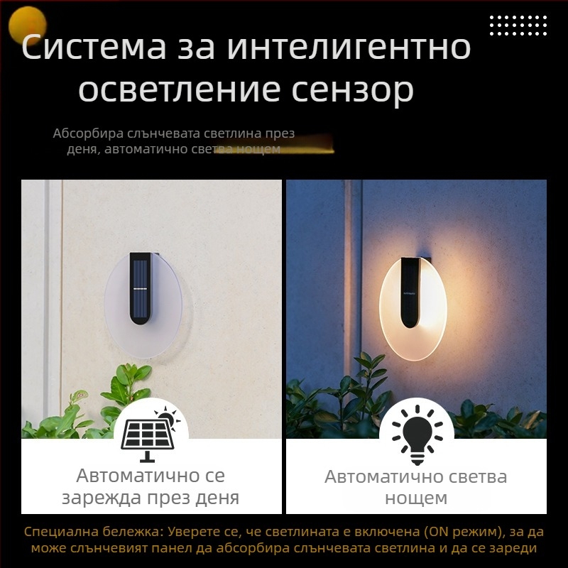 Соларна външна стенна лампа за двор, акрилна, водоустойчива, LED 5W, ръчен превключвател