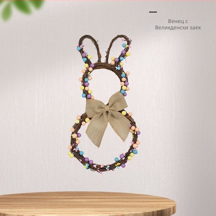 Гирлянда с великденски заек на дървен пръстен — Kaiji, готова за подарък, пролетна декорация (Материал: дърво; Опаковка: Opp bag; Не е внос)