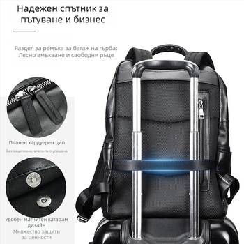 Мъжка раница от естествена кожа – антикрадба, първи слой телешка кожа, отделение за лаптоп, извити презрамки, бизнес пътуване