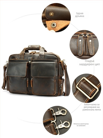 Мъжка кроссбоди чанта от естествена кожа MASIWEI, първи слой телешка кожа, подплата полиестер‑памук, износоустойчива, подходяща за бизнес пътувания