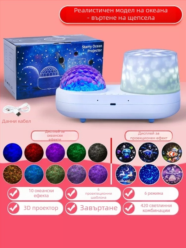 Нощна лампа със Bluetooth говорител, звездно прожектиране и водно-вълнов ефект