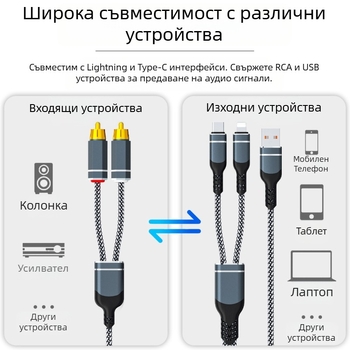 RCA аудио кабел 1 към 2 за устройства Apple и Huawei, златно покритие на конекторите, чист меден проводник, безкислороден мед, ROHS