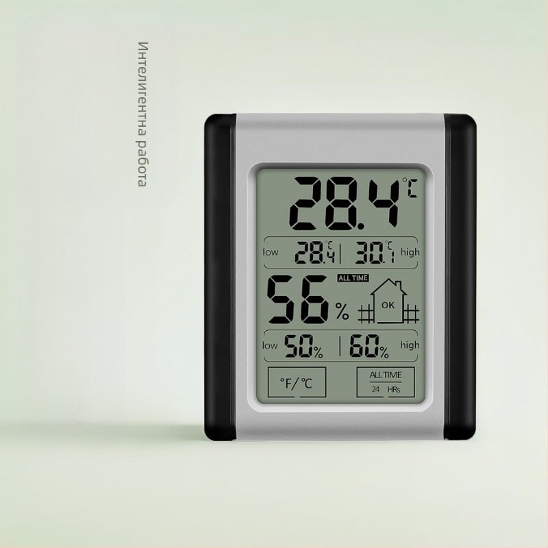 Електронен термометър-хигромер със сензорен бутон — вътрешна употреба, CR2032 батерия