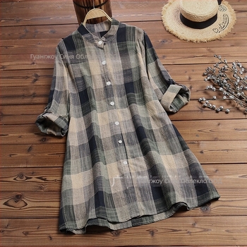 Клетъчен памук-лен кардиган-риза, V-образно деколте, дълги ръкави, свободна кройка