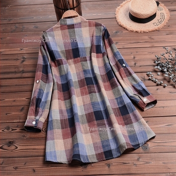 Клетъчен памук-лен кардиган-риза, V-образно деколте, дълги ръкави, свободна кройка