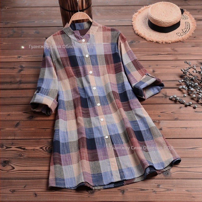 Клетъчен памук-лен кардиган-риза, V-образно деколте, дълги ръкави, свободна кройка