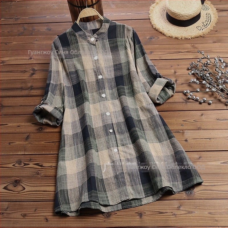 Клетъчен памук-лен кардиган-риза, V-образно деколте, дълги ръкави, свободна кройка