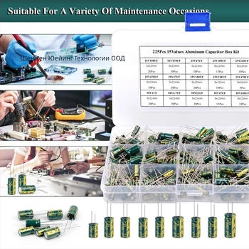 225 бр. комплект високочестотни алуминиеви електролитни кондензатори, 15 стойности на капацитета, разстояние между краищата 38.90 мм, опаковка: кутия