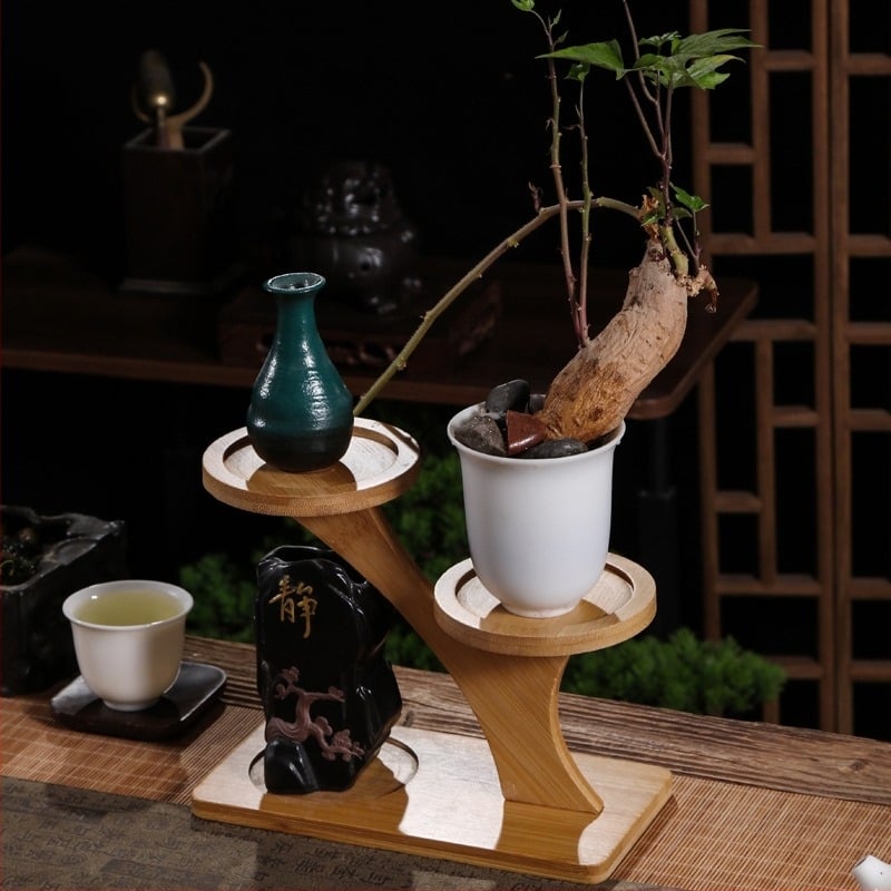 Бамбукова тава за саксии с основа за мини ландшафт – модерен стил, материал: бамбук, подходяща за дом, офис, градина