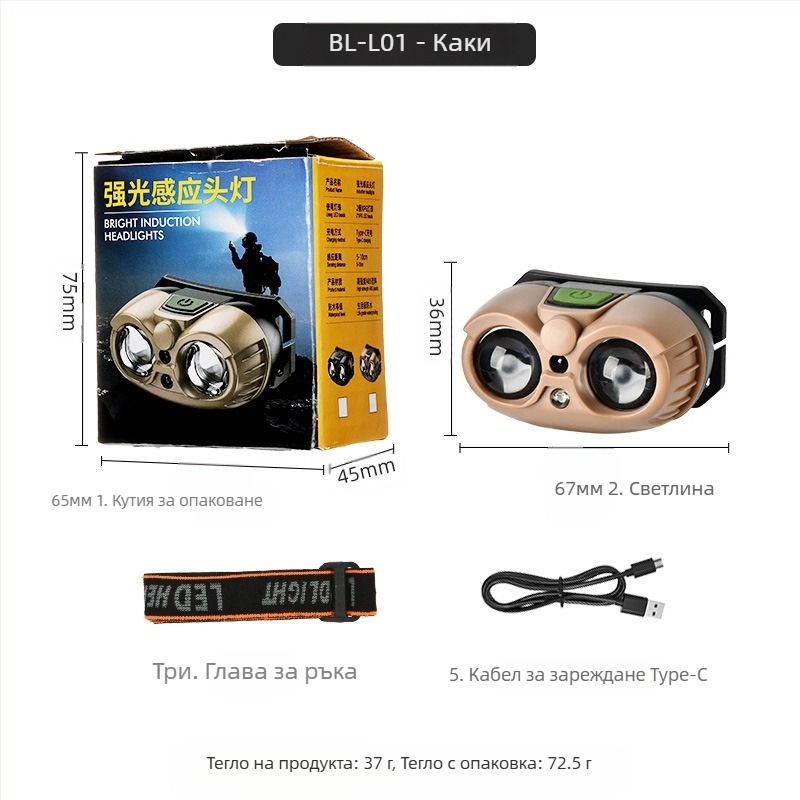 USB зареждаща челна лампа с XPG LED, преносима, лъч 100–200 m, вградена 400 mAh 14500 литиева батерия, ръчно захранване