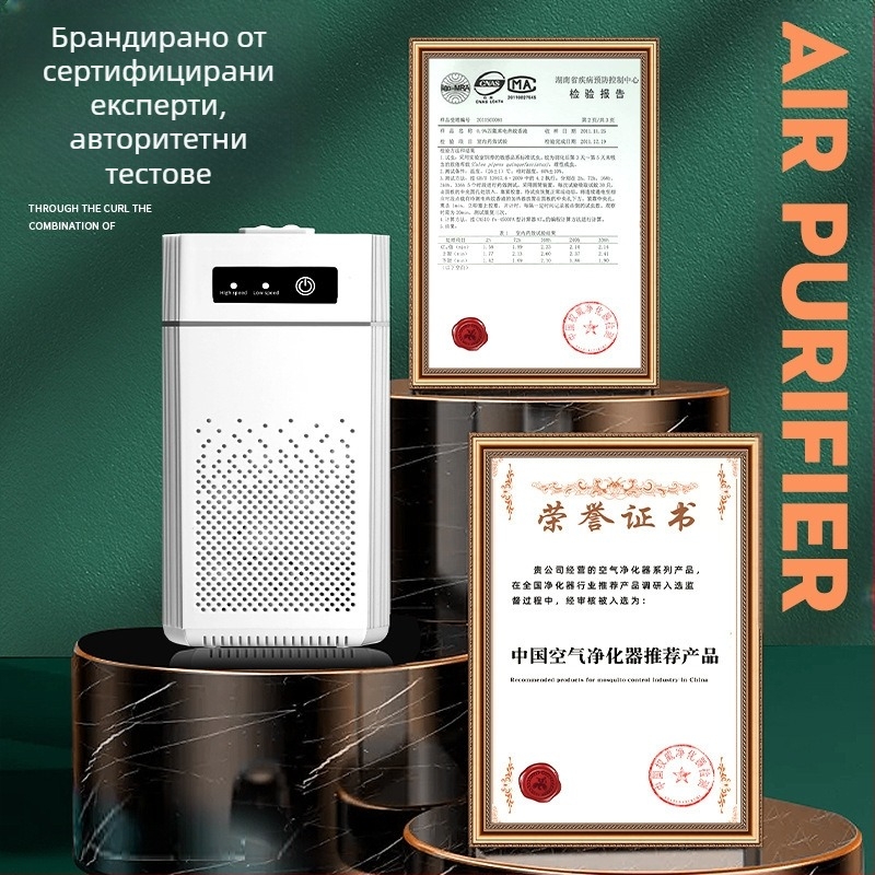 USB настолен пречиствател на въздуха с отрицателни йони, премахване на формалдехид и миризми; въздушен поток над 400 м³/ч, шум под 36 dB, USB захранване, активен въглен, UV и озон, обхват 61 м² и повече