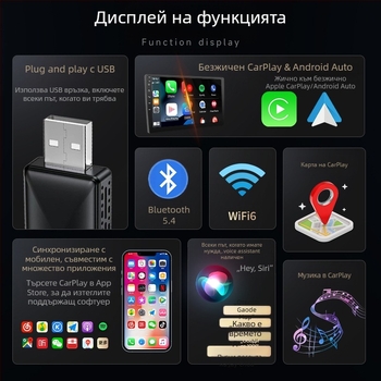 Безжичен CarPlay адаптер с безжичен Android Auto за автомобилна навигация (Тегло: 70 g; Материал: Пластмаса; Модел: AB019; Марка: Thunder code; Съвместим с 98% от автомобилните модели)