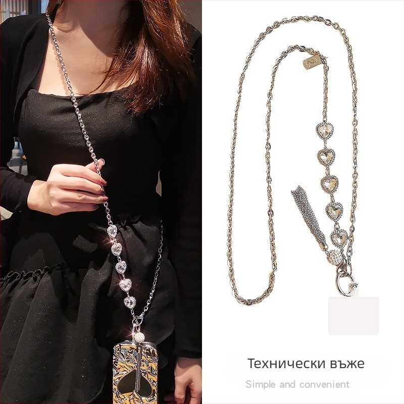 Ръчно изработен метален шнур за телефон с ресни и висулка с кристали, през рамо, геометрична форма, унисекс, метална верига