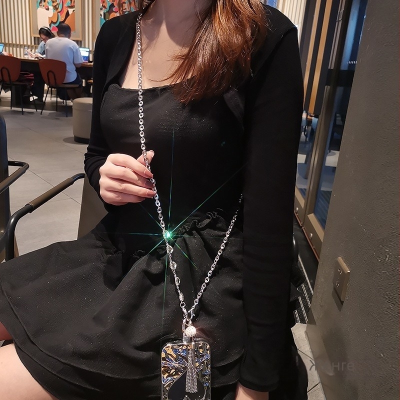 Ръчно изработен метален шнур за телефон с ресни и висулка с кристали, през рамо, геометрична форма, унисекс, метална верига