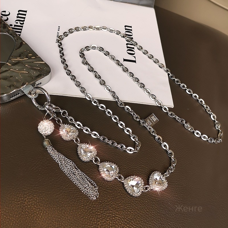 Ръчно изработен метален шнур за телефон с ресни и висулка с кристали, през рамо, геометрична форма, унисекс, метална верига