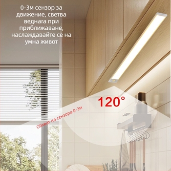 Ултра тънка LED лента с датчик за движение, самозалепваща се, презареждаща се за шкафове, винени шкафове и гардероби