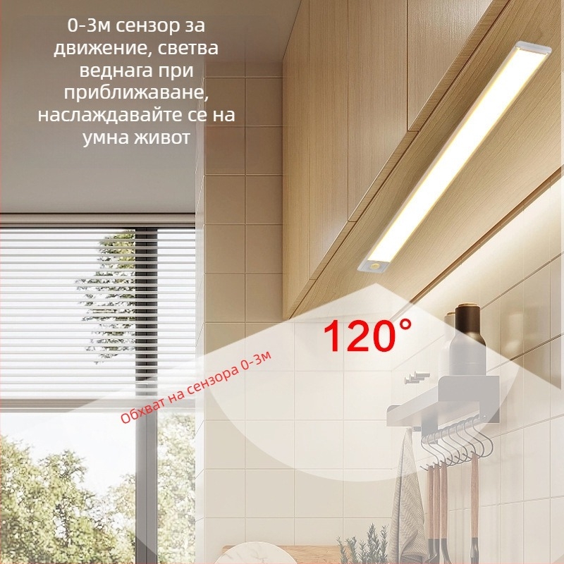 Ултра тънка LED лента с датчик за движение, самозалепваща се, презареждаща се за шкафове, винени шкафове и гардероби
