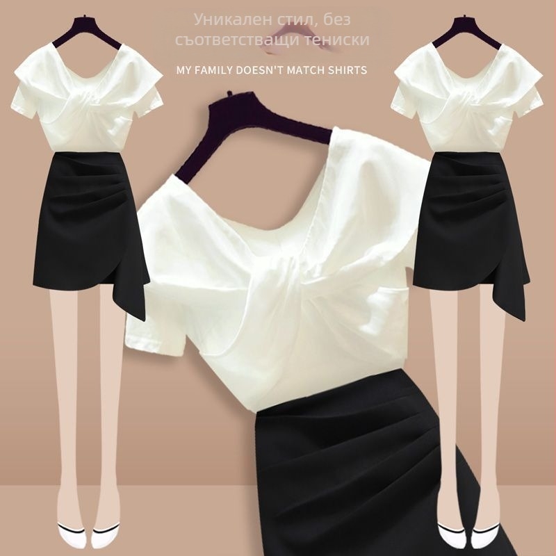 Двоен комплект: Т-шърт с къс ръкав и пола А-линия с асиметрична драпировка, полиестер, лято 2025