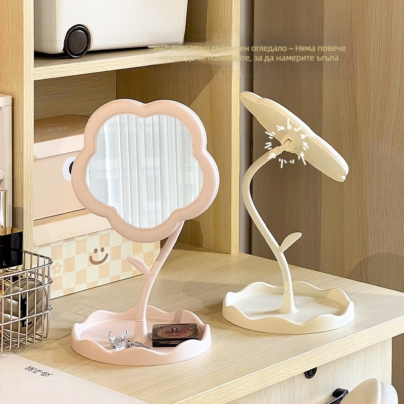 Слънчогледово настолно огледало за грим – въртящо се, с отделение за съхранение, пластмасова рамка, не електрическо, подходящо за спалня, дневна и баня