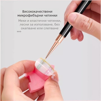 Пен за проследяване на линии върху ноктите, японски стил, двуглавен дизайн, кръгла глава, дълга алуминиева дръжка, 5 комплекта четки