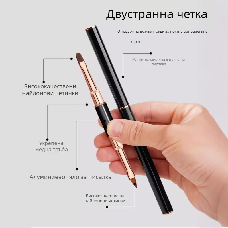Пен за проследяване на линии върху ноктите, японски стил, двуглавен дизайн, кръгла глава, дълга алуминиева дръжка, 5 комплекта четки