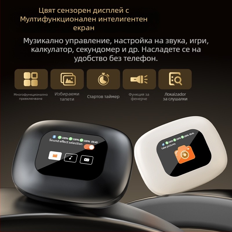 Безжични спортни слушалки с кука за ухото и управление с докосване, цифров дисплей (Bluetooth 5.4, обхват 15 м, живот на батерията 4–8 ч)