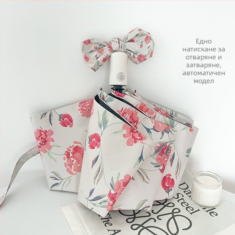 Сгъваем чадър с три секции и мотив камелия, UPF 50+, платно 210T, 8 ребра, автоматично разпъване