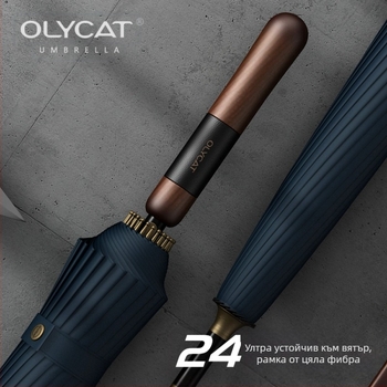 Ретро чадър с дълга дръжка, 24 ребра, подсилен железен стебло, дървена дръжка, полуавтоматично отваряне, ръчно прибиране, за възрастни