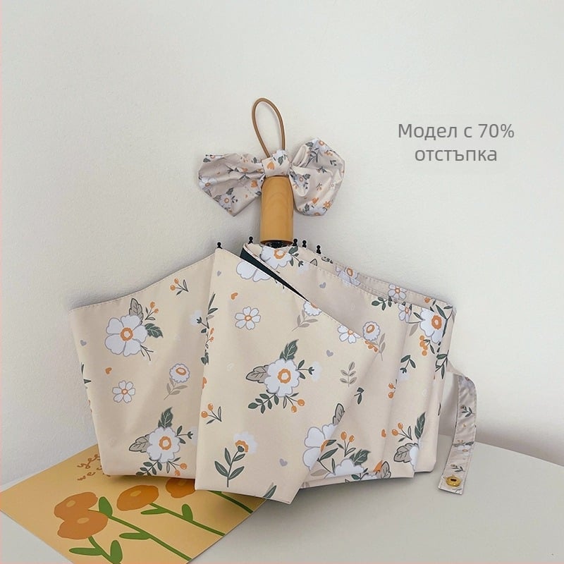 Слънчев чадър с флорална шарка, петкратно сгъваем, полуавтоматично, компактен, UPF50+ UV защита