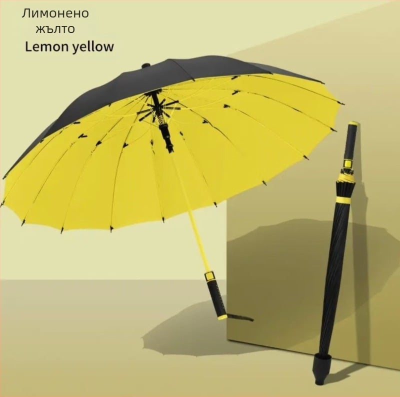 Голф чадър с 16 ребра, водоустойчив покрив, дълга дръжка, полуавтоматично отваряне/затваряне, UPF50+