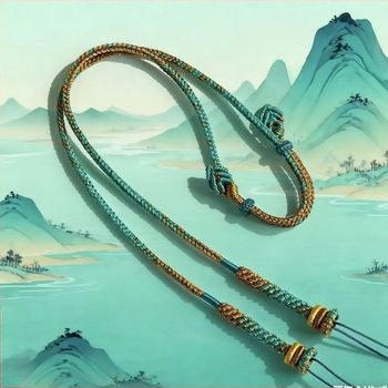 Ръчно тъкана ключична верижка от въже – унисекс, естествена, плетена нишка с тюркоазени мъниста