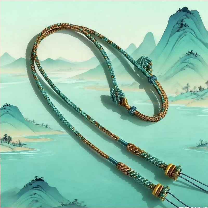 Ръчно тъкана ключична верижка от въже – унисекс, естествена, плетена нишка с тюркоазени мъниста