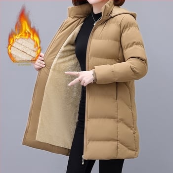 Дамско пухено яке с качулка, сваляща се, средна дължина, полиестрова тъкан, цип