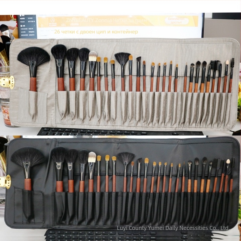 26-частен комплект четки за грим с животински косми, дървени дръжки, дълги стъбла, включва четки за сенки