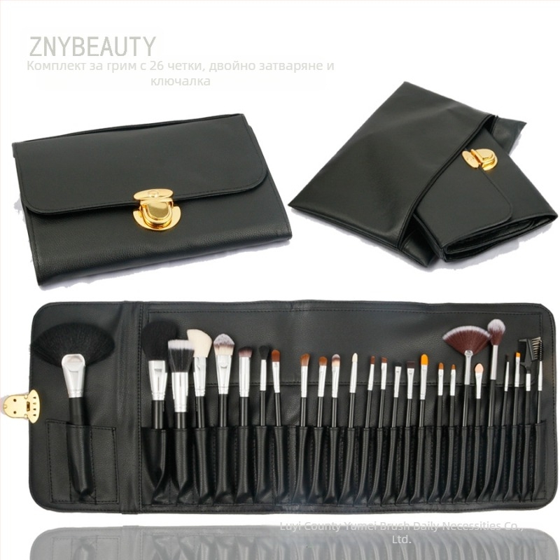 26-частен комплект четки за грим с животински косми, дървени дръжки, дълги стъбла, включва четки за сенки