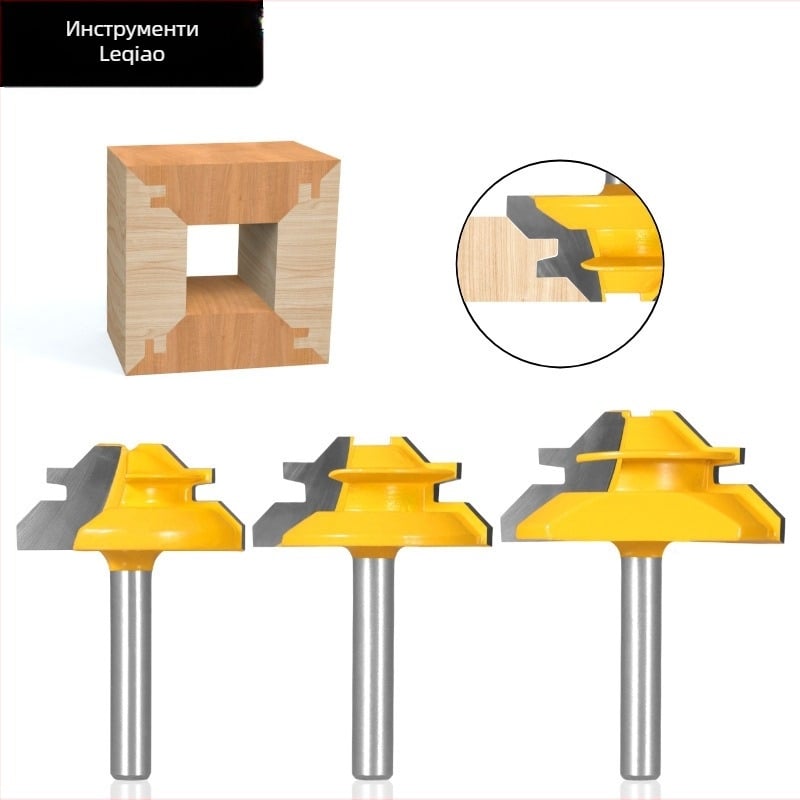 Мортайс и тенон фрези за дърво, комплект от 3 части, 45°, с цанги 1/4 in, 8 мм и 1/2 in